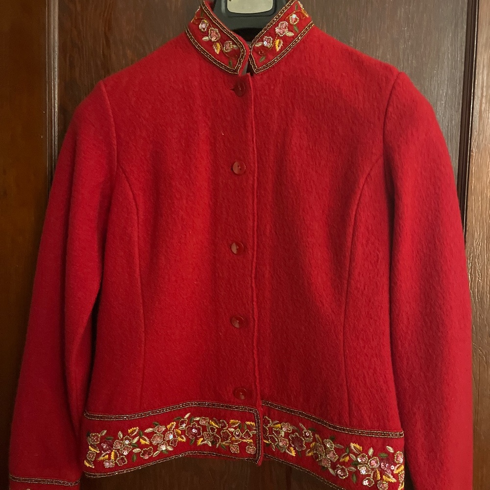 Vintage red wool jacket with embellishments